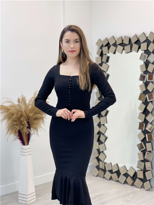 Krep Kumaş Düğme Detaylı Kalem Elbise - Siyah