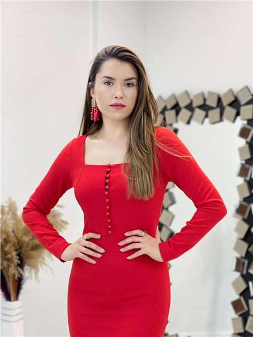 Krep Kumaş Düğme Detaylı Kalem Elbise - Kırmızı