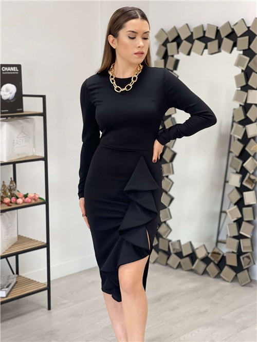 Krep Kumaş Volan Detaylı Kalem Elbise - Siyah