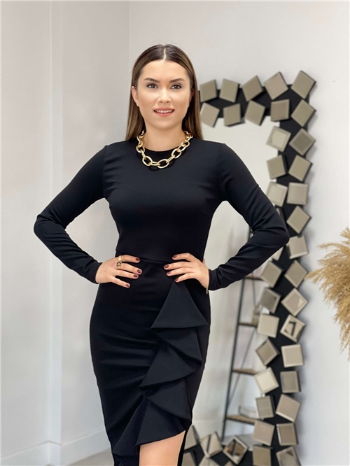 Krep Kumaş Volan Detaylı Kalem Elbise - Siyah