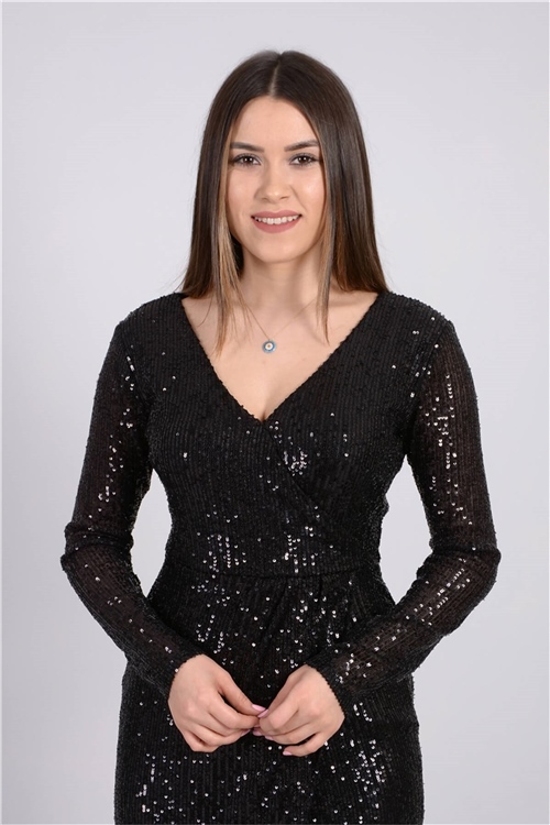 Kruvaze Payet Elbise - Siyah