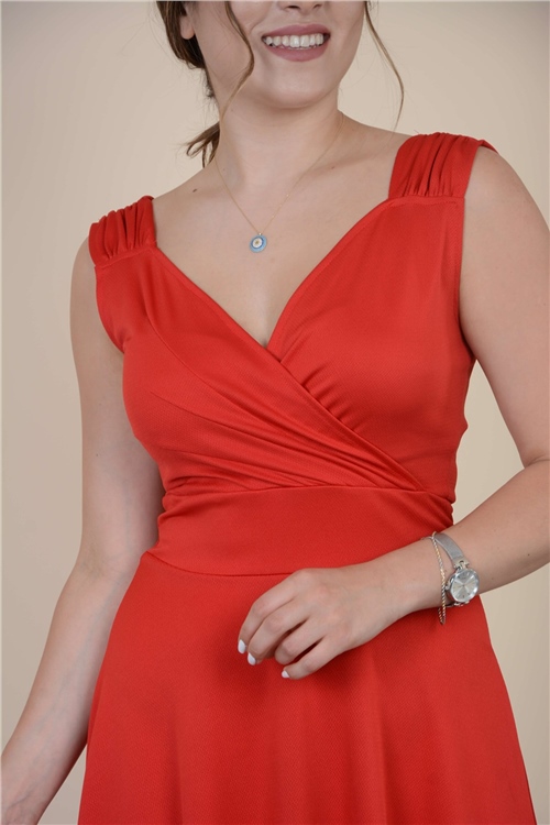 Kruvaze Yaka Askılı Elbise - Kırmızı