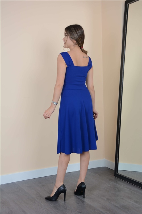 Kruvaze Yaka Askılı Elbise - Saks Mavisi