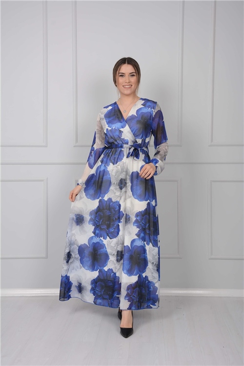 Kruvaze Yaka Gül Desen Elbise - Mavi