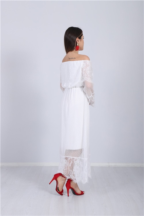 Puantiye Tül Dantel Tasarım Elbise  - Beyaz