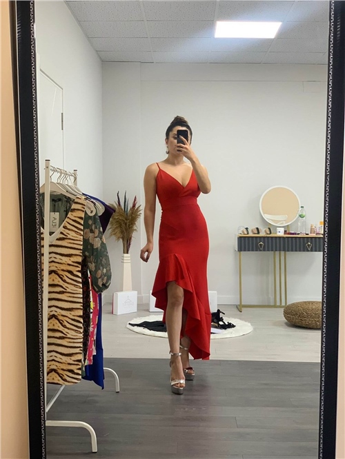 Scuba Kumaş Askılı Elbise - Kırmızı