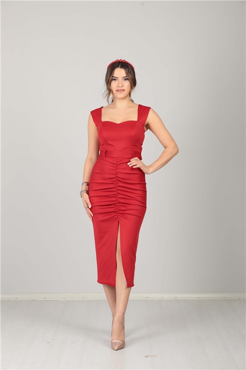 Scuba Kumaş Büzgü ve Yırtmaç detaylı Kalem Elbise - Kırmızı
