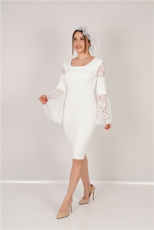 Scuba Kumaş Dantel Detaylı Elbise - Beyaz