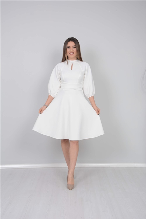 Scuba Kumaş Kemer Detaylı Elbise - Beyaz