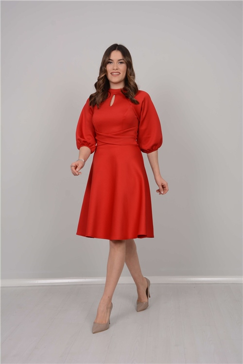 Scuba Kumaş Kemer Detaylı Elbise - Kırmızı