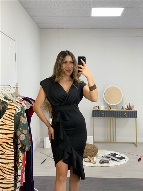 Scuba Kumaş Volan Detaylı Elbise - Siyah