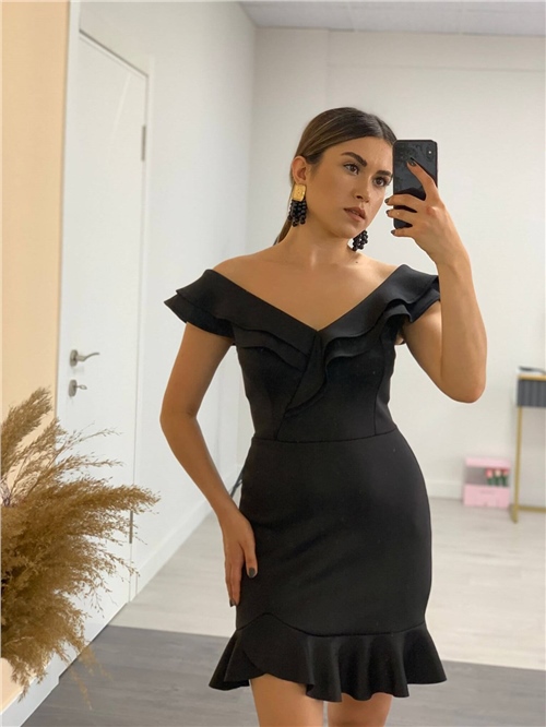 Scuba Kumaş Volanlı Mini Elbise - Siyah