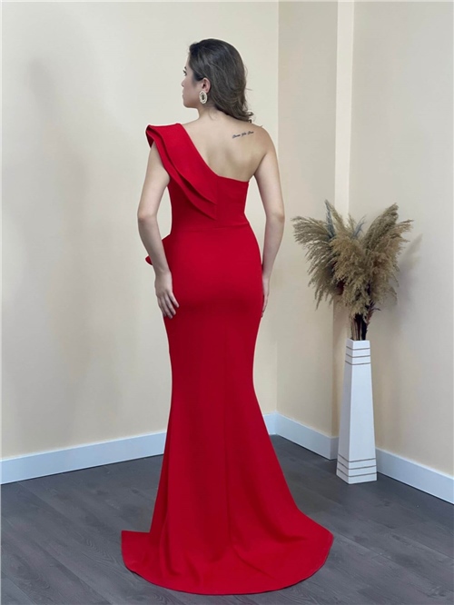 Scuba Kumaş Yırtmaçlı Elbise - Kırmızı