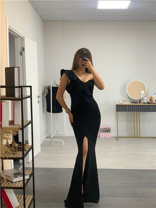 Scuba Kumaş Yırtmaçlı Elbise - Siyah