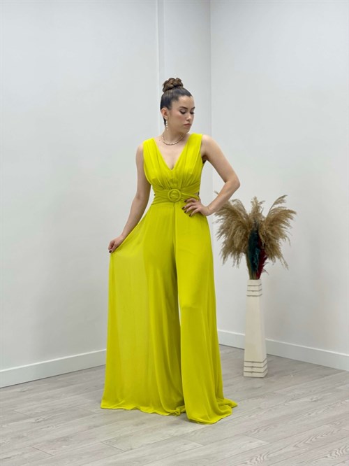 Şifon Krep Kumaş Tulum Elbise - SARI