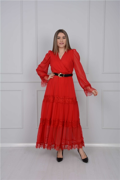 Şifon Kumaş Dantel Detaylı Elbise - Kırmızı