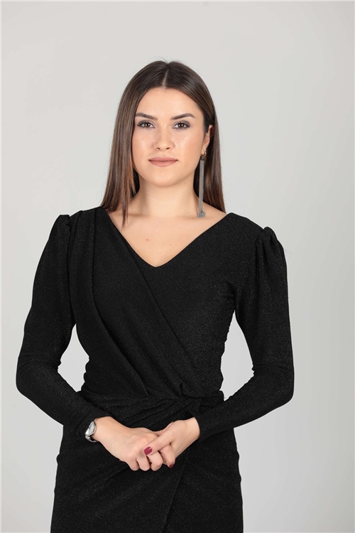 Simli Kumaş Mini Elbise - Siyah