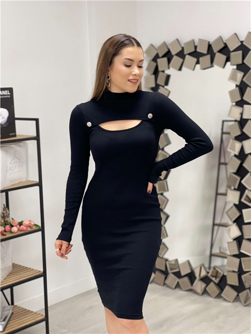 Triko Kumaş Düğme Detay Elbise - Siyah