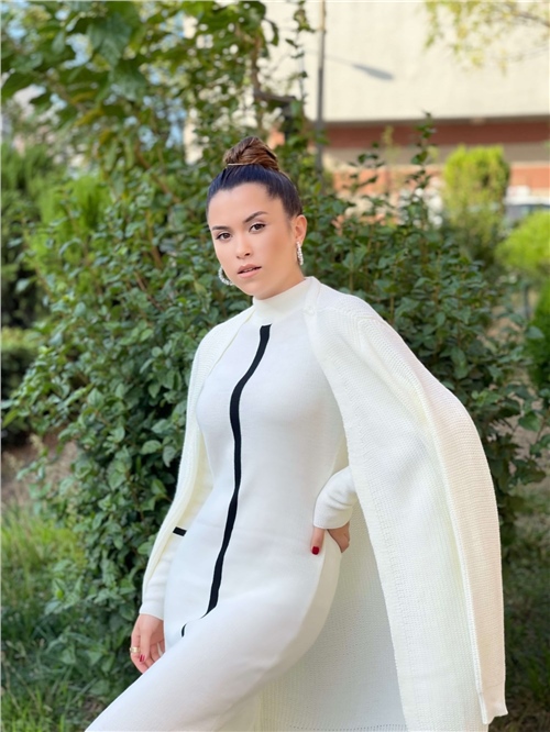 Triko Kumaş Kalem Elbise - Beyaz