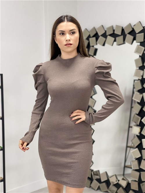 Triko Omuza Detaylı Elbise - Kahverengi