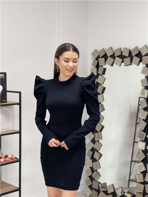 Triko Omuza Detaylı Elbise - Siyah