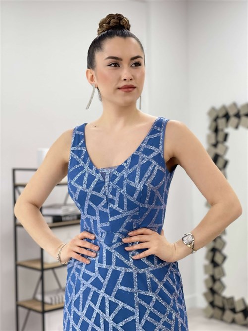 Tül Payet Tasarım Balık Elbise - İNDİGO MAVİ