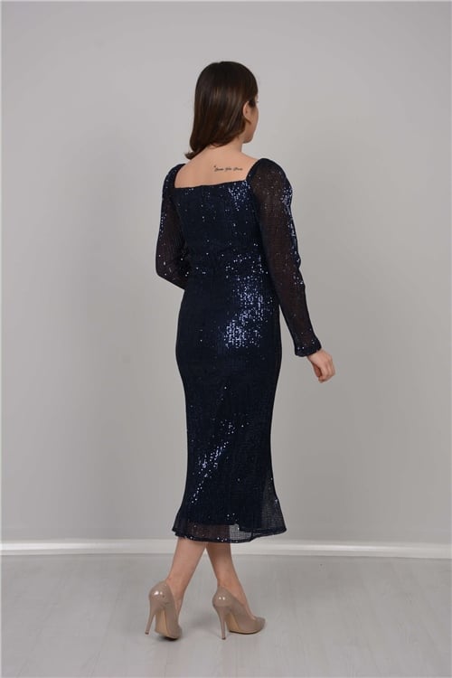 Tül Payet Tasarım Elbise - Lacivert