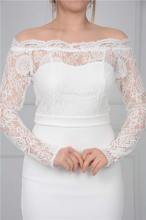 Üst Güpür Alt Scuba Eteği Volanlı Elbise - Beyaz