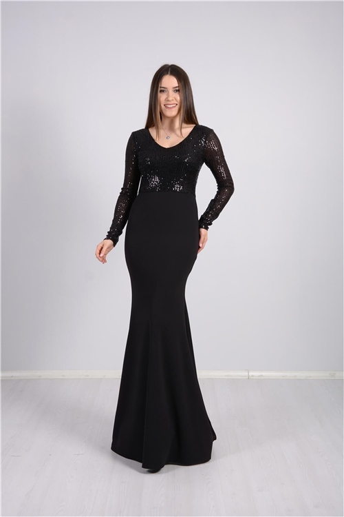 Üstü Payet Altı Krep Balık Abiye Elbise - Siyah