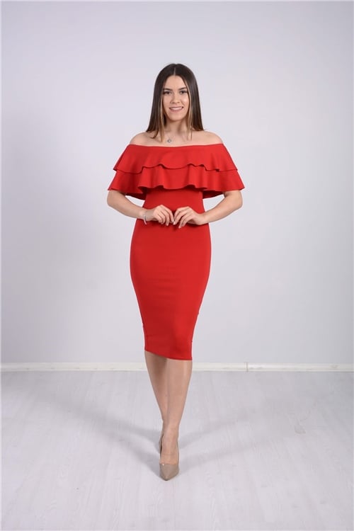 Volanlı Elbise - Kırmızı