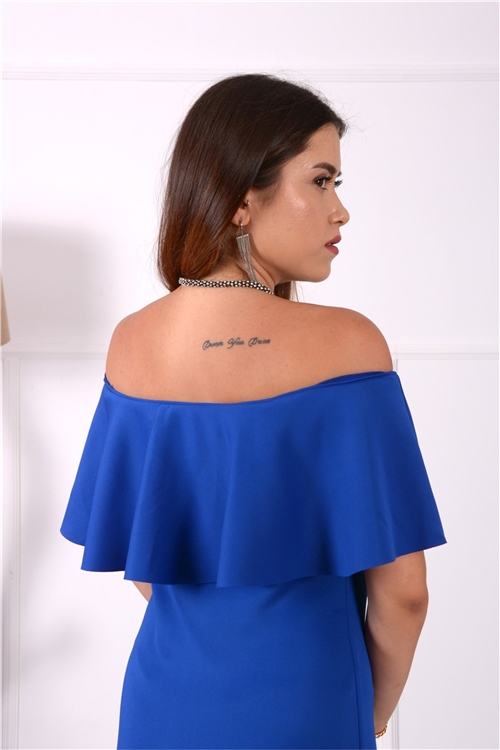 Volanlı Elbise - Saks Mavi