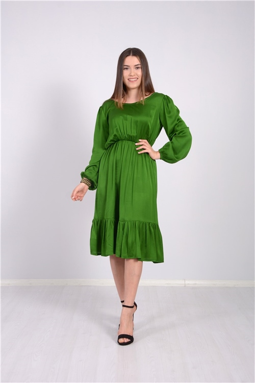 Yerli Saten Beli Lastikli Elbise - Yeşil