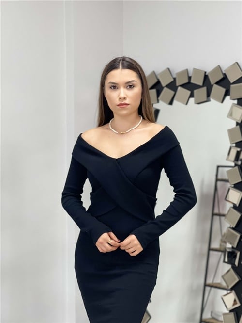 Triko Kumaş Çapraz Yaka Elbise - Siyah