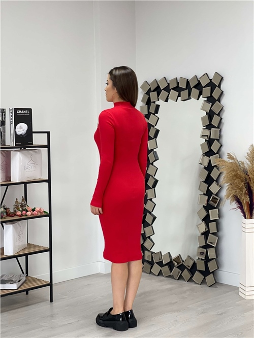 Triko Kumaş Düğme Detay Elbise - Kırmızı