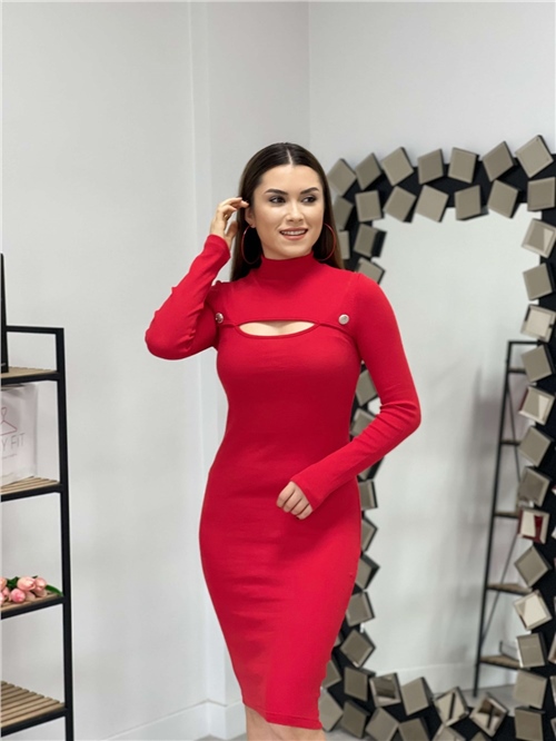 Triko Kumaş Düğme Detay Elbise - Kırmızı