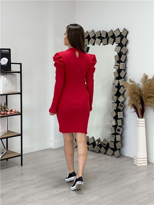 Triko Omuza Detaylı Elbise - Kırmızı