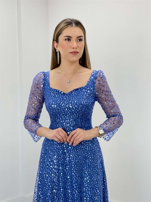 Tül Üzeri Üç Boyutlu Payet Prenses Elbise - İNDİGO MAVİ