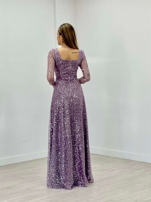 Tül Üzeri Üç Boyutlu Payet Prenses Elbise - LİLA
